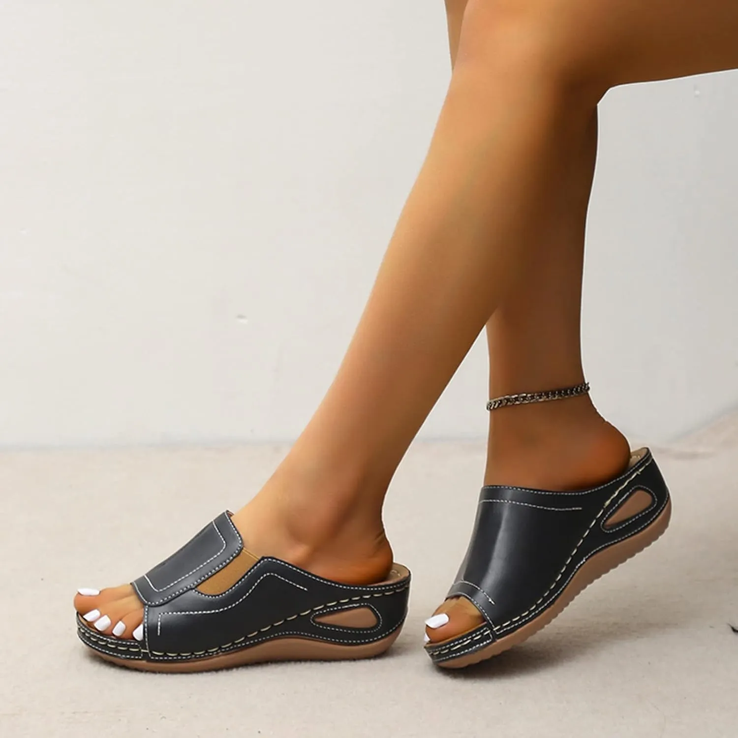 Sandals Women Arch Support Sandals Comfort Leather Slippers Wide Width Platform Wedge Sandal Casual Walking Shoes