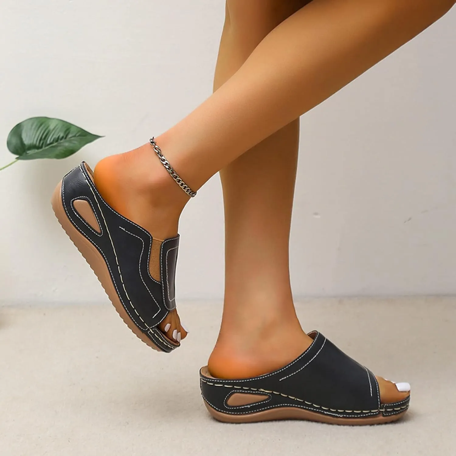 Sandals Women Arch Support Sandals Comfort Leather Slippers Wide Width Platform Wedge Sandal Casual Walking Shoes