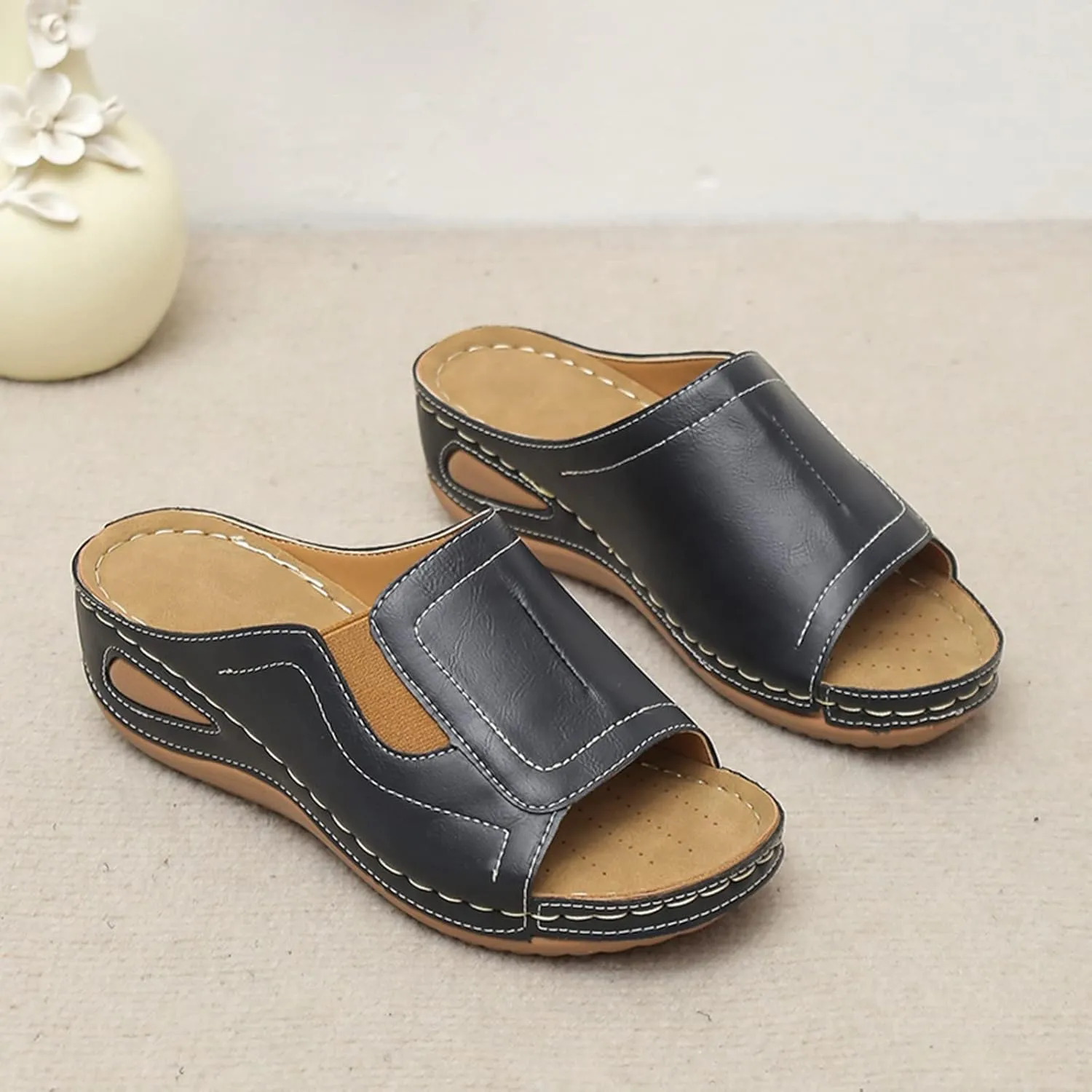 Sandals Women Arch Support Sandals Comfort Leather Slippers Wide Width Platform Wedge Sandal Casual Walking Shoes