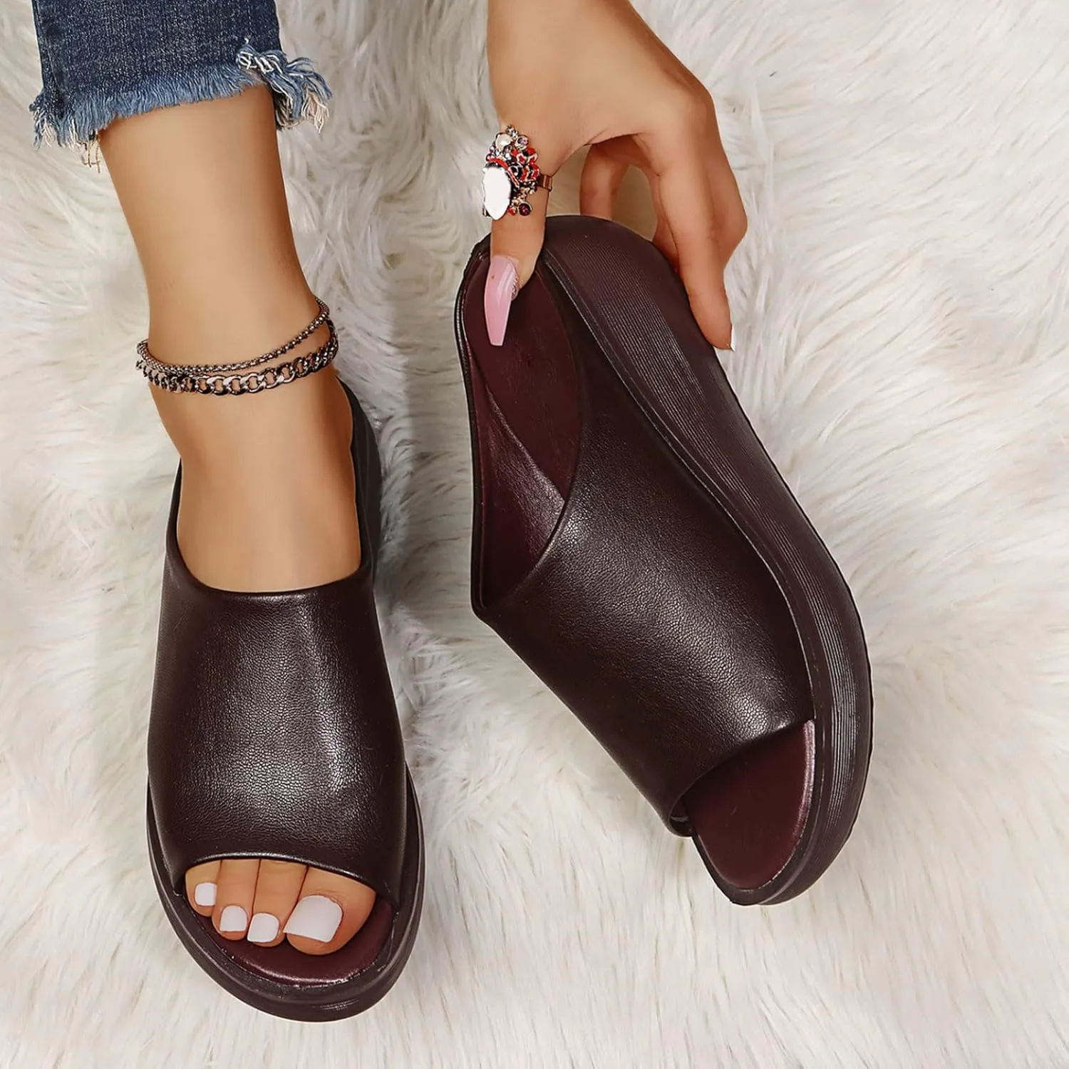 Sandals Women Comfortable Orthopedic Summer Leather Wedges Slides Dressy Platform Arch Support Slip Sandals