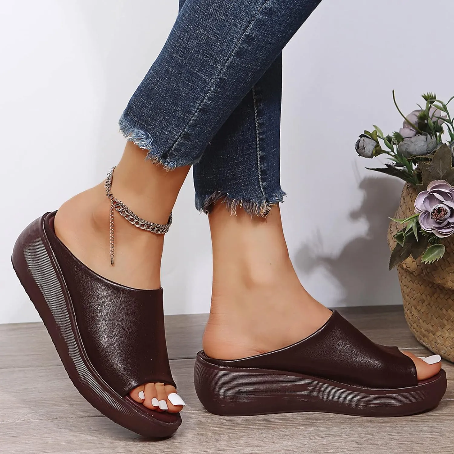 Sandals Women Comfortable Orthopedic Summer Leather Wedges Slides Dressy Platform Arch Support Slip Sandals