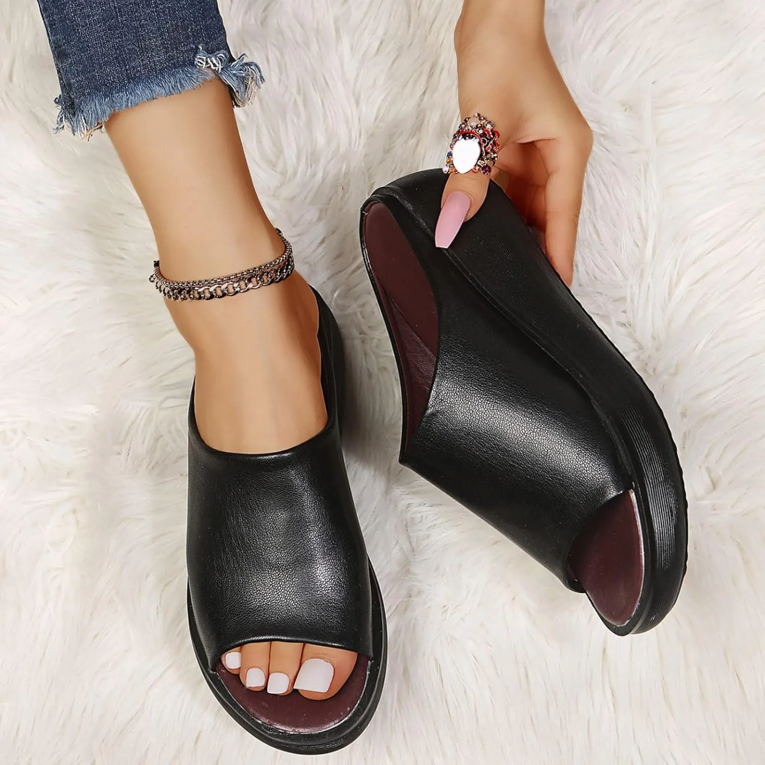 Sandals Women Comfortable Orthopedic Summer Leather Wedges Slides Dressy Platform Arch Support Slip Sandals