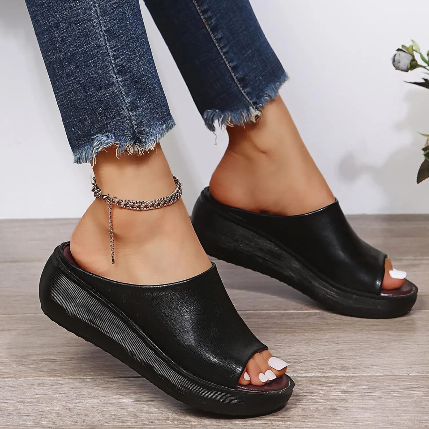 Sandals Women Comfortable Orthopedic Summer Leather Wedges Slides Dressy Platform Arch Support Slip Sandals