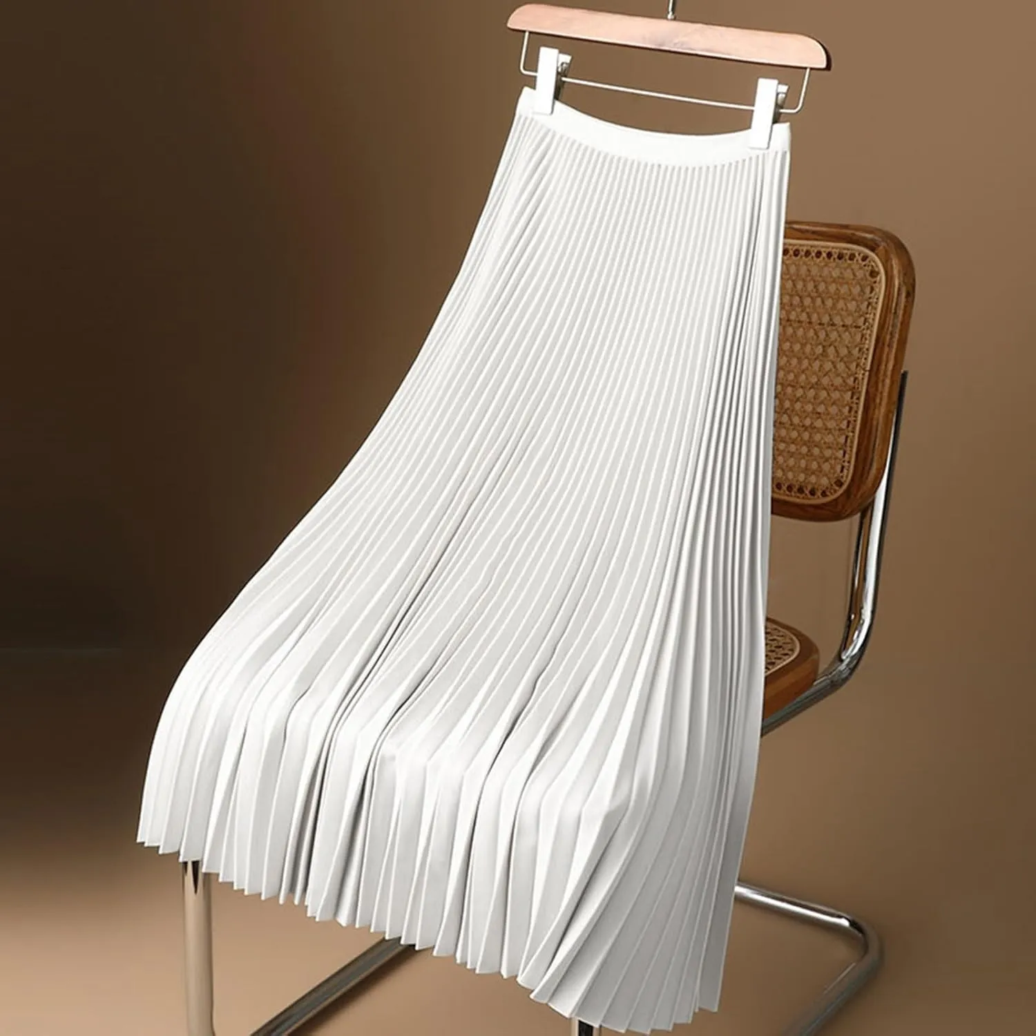 Satin Pleated Skirts for Women High Waisted Elegant Dress Midi Length Flowy Skirt with Lightweight Elastic Waistband