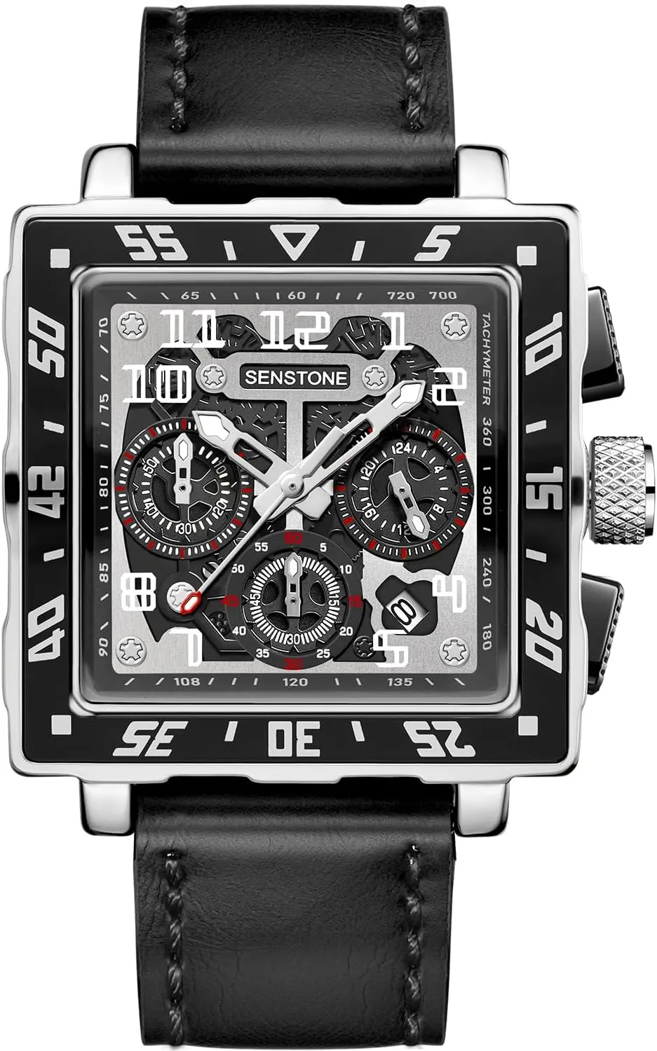 senstone Square Watch for Men with Leather Strap Multifunction Chronograph Dial Analog Quartz Wristwatch Business Dress Watch with Luminous Waterproof Calendar