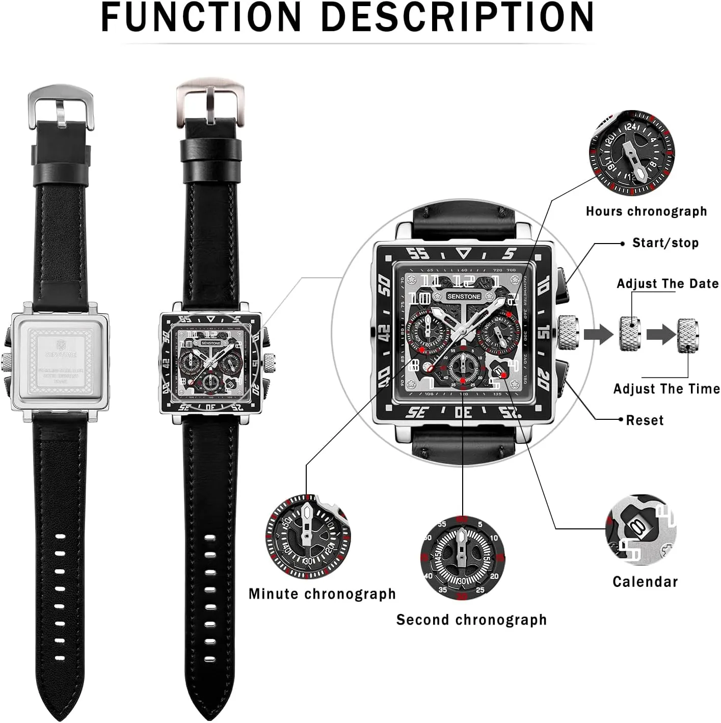 senstone Square Watch for Men with Leather Strap Multifunction Chronograph Dial Analog Quartz Wristwatch Business Dress Watch with Luminous Waterproof Calendar