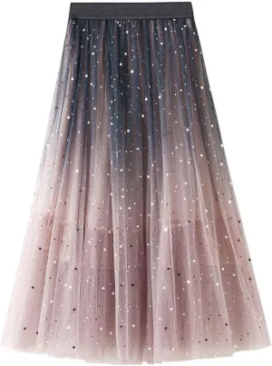 Sequins Tulle Skirts for Women Sparkly Layered A-Line Skirt Elastic High Waist Skirts Fashion Gradient Glitter Skirt