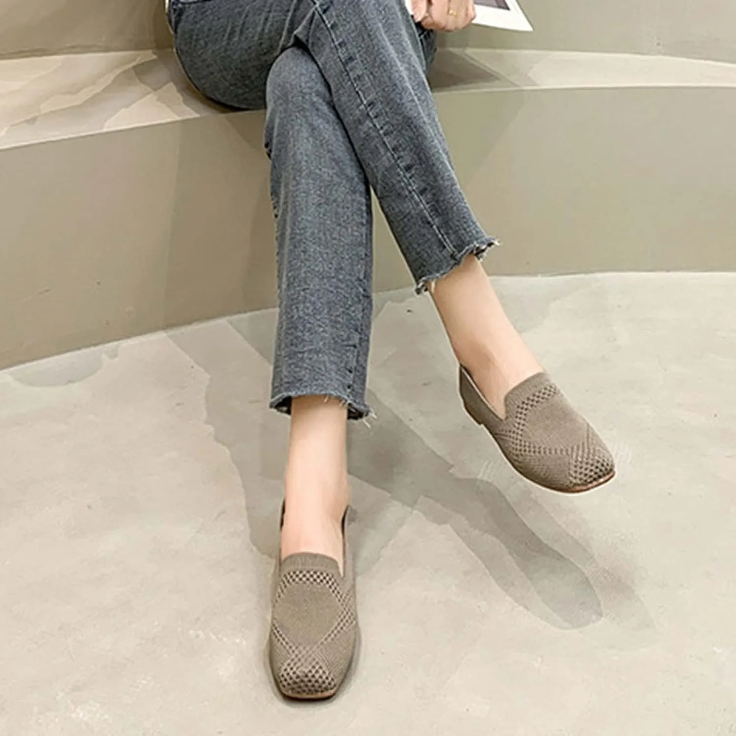 Shoes for Women 2023 Summer Fashion Square Toe Closed Toe Weave Breathable Mesh Slip on Sandals Lightweight Comfortable Ladies Walking Shoes
