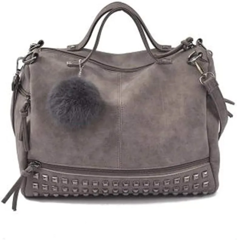 Shoulder bag Leather Female Top-handle Bags Rivet Larger Women Bags Hair Ball Shoulder Bag Motorcycle Messenger Bag