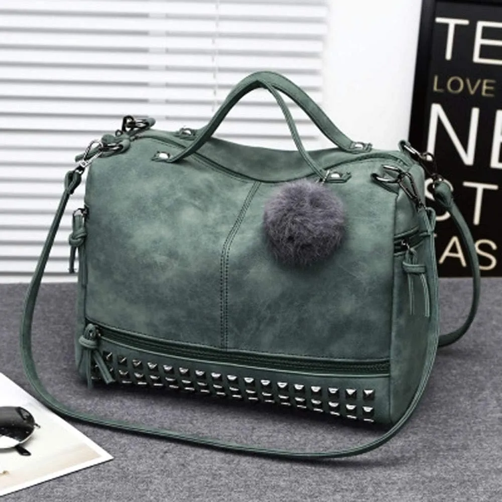 Shoulder bag Leather Female Top-handle Bags Rivet Larger Women Bags Hair Ball Shoulder Bag Motorcycle Messenger Bag