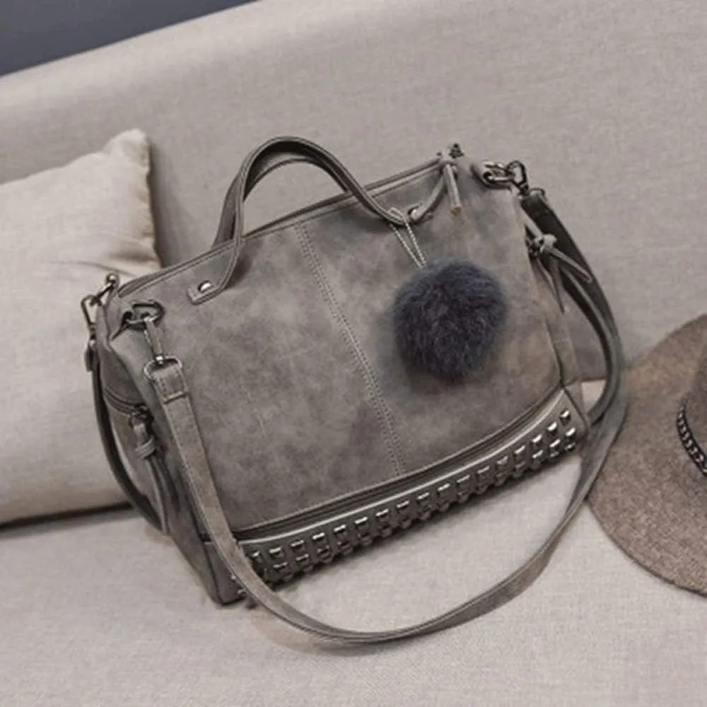 Shoulder bag Leather Female Top-handle Bags Rivet Larger Women Bags Hair Ball Shoulder Bag Motorcycle Messenger Bag