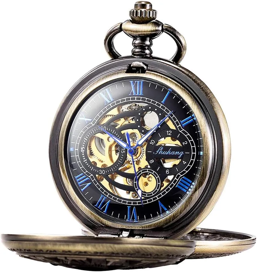 SIBOSUN Pocket Watch Skeleton Mechanical Double Case Hand-Wind Bronze Blue Roman Numerals Antique Chain Box   I Love You Gift Card You are The Best Thing