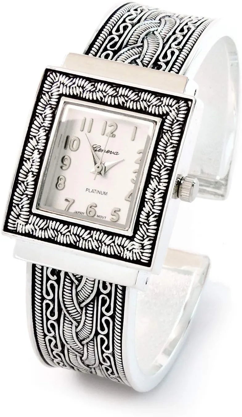 Silver Metal Western Style Decorated Square Face Women's Bangle Cuff Watch