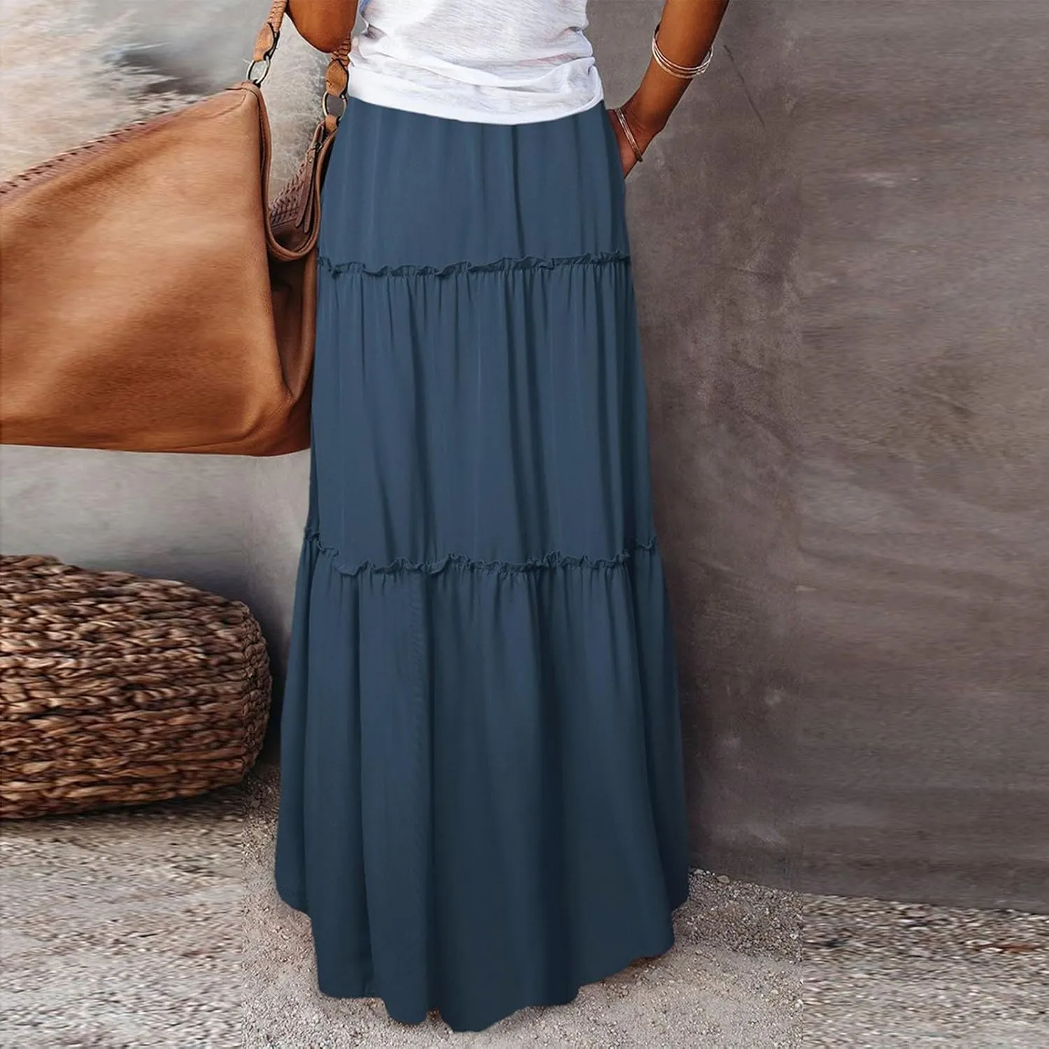 Skirts for Women Summer Flowy Tiered Elastic High Waisted Skirt Vacation Swing Long Solid Maxi Beach Skirts