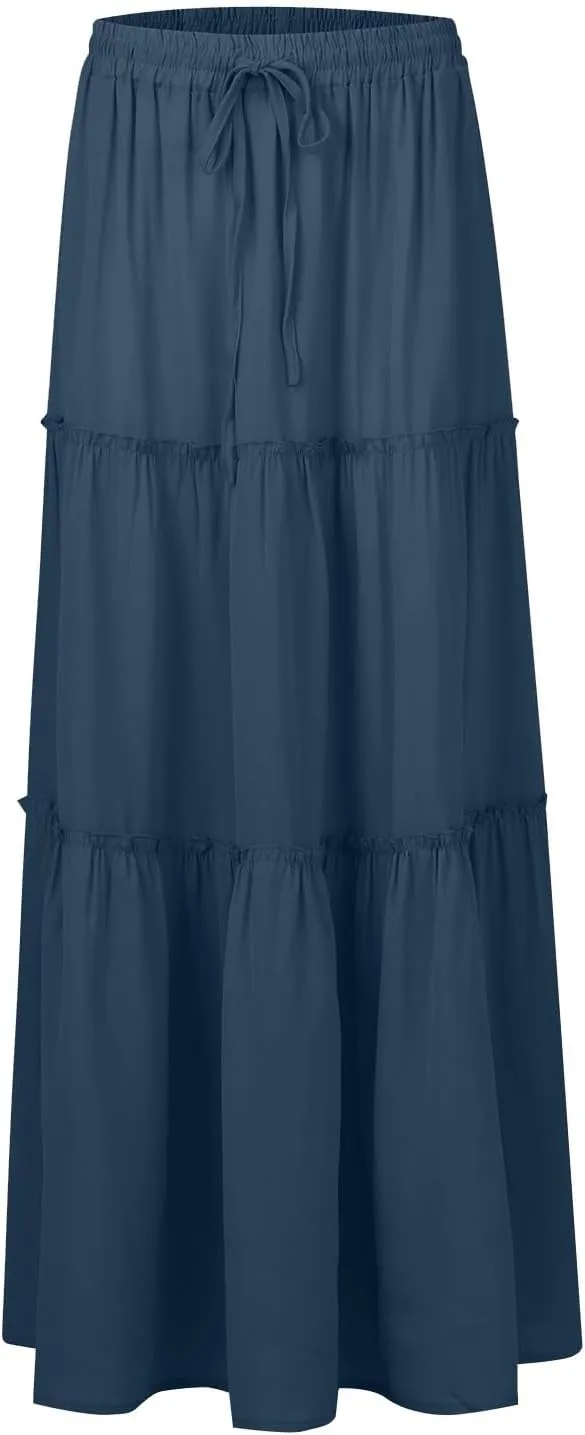Skirts for Women Summer Flowy Tiered Elastic High Waisted Skirt Vacation Swing Long Solid Maxi Beach Skirts