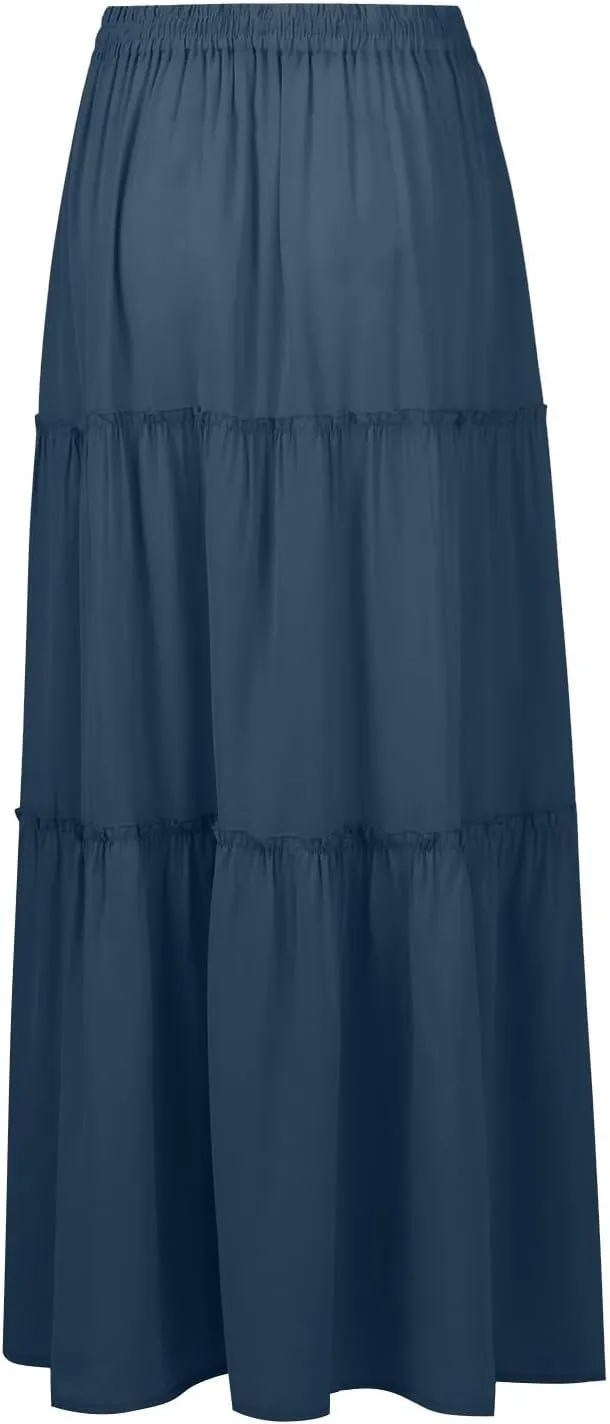 Skirts for Women Summer Flowy Tiered Elastic High Waisted Skirt Vacation Swing Long Solid Maxi Beach Skirts