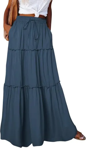 Skirts for Women Summer Flowy Tiered Elastic High Waisted Skirt Vacation Swing Long Solid Maxi Beach Skirts