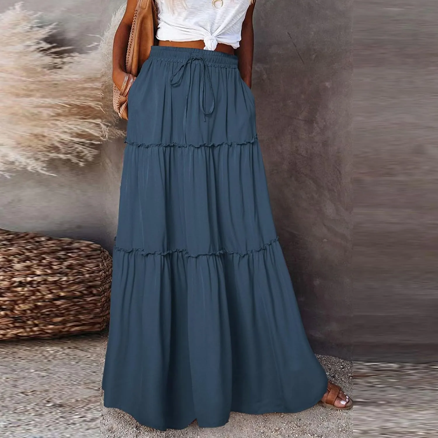 Skirts for Women Summer Flowy Tiered Elastic High Waisted Skirt Vacation Swing Long Solid Maxi Beach Skirts
