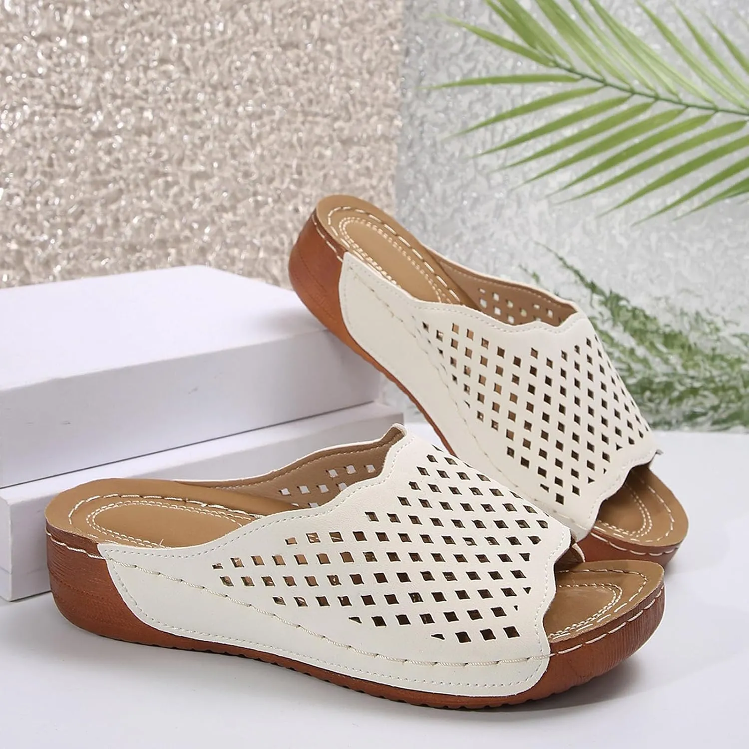 Slippers for Women Summer Orthopedic Platform Sandals Arch Support Sandals Wide Width Leather Wedge Slippers