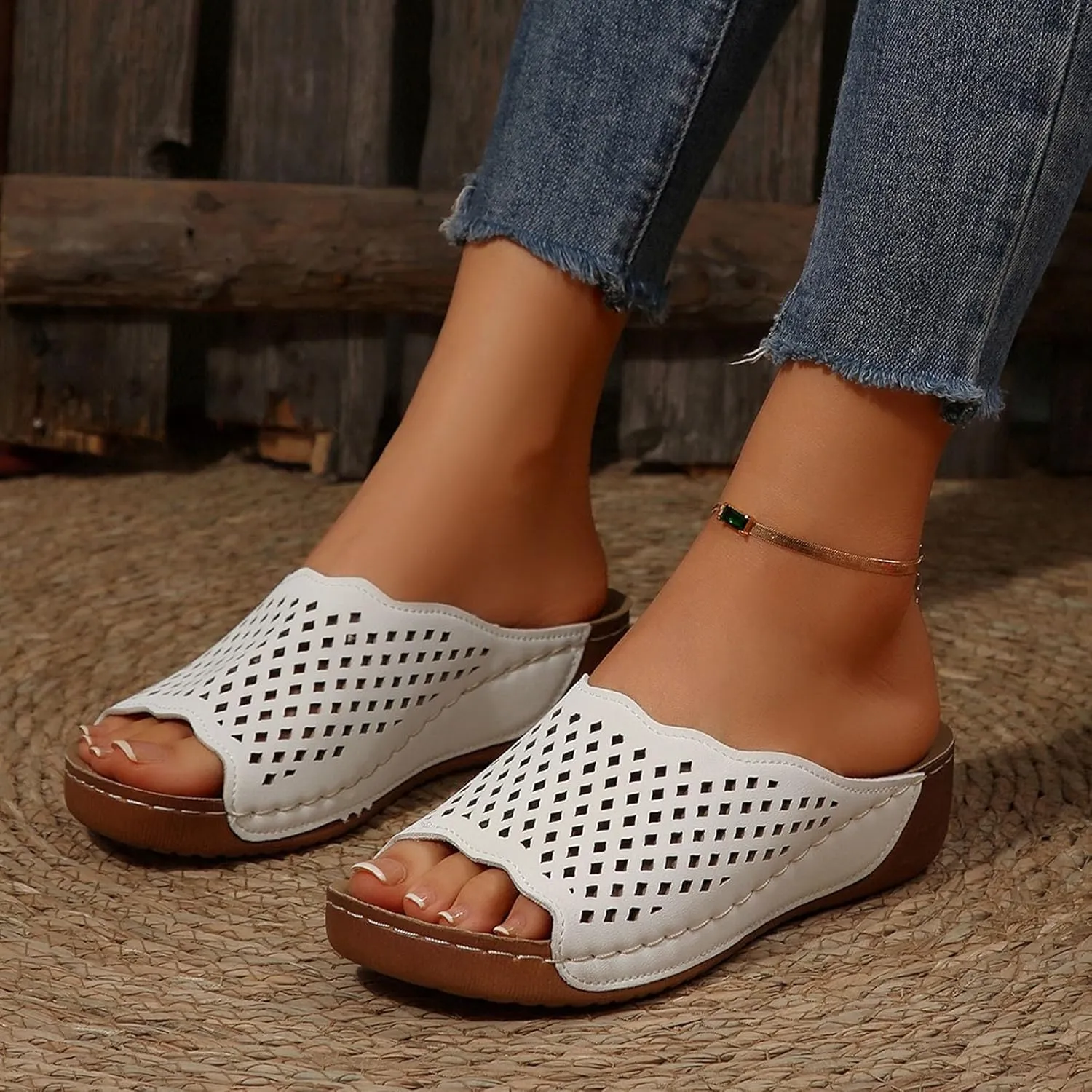 Slippers for Women Summer Orthopedic Platform Sandals Arch Support Sandals Wide Width Leather Wedge Slippers