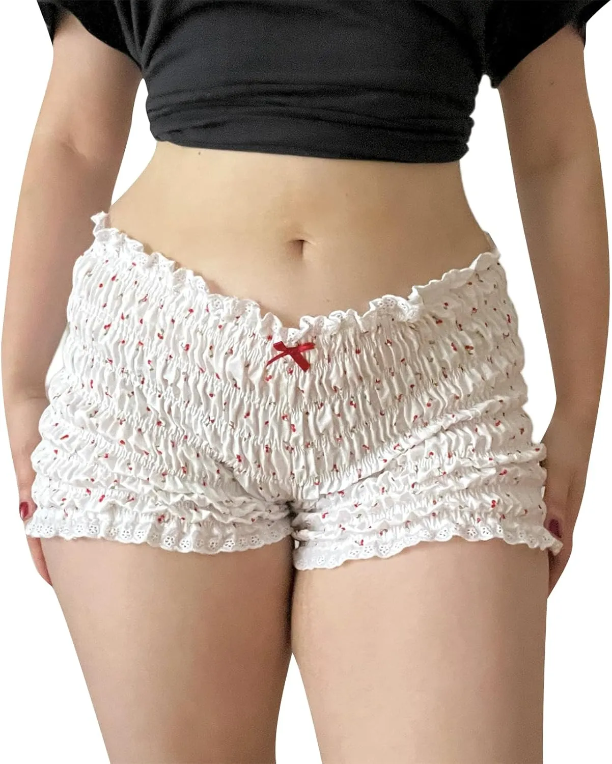 Smocked Boy Shorts for Women Y2K Low Rise Ruffle Frill Micro Bottoms Ruched Lace Bloomers Mini Shorts Pajama Boxers
