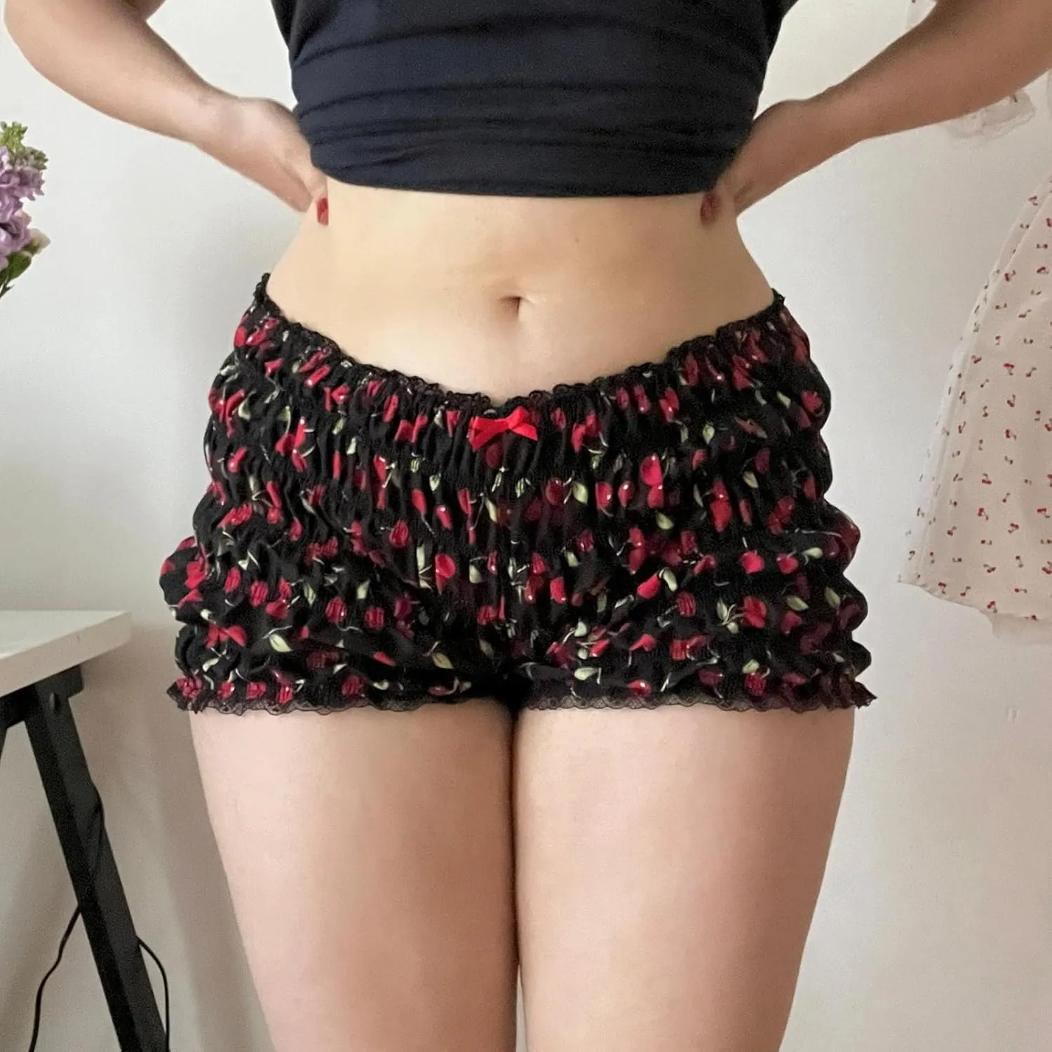 Smocked Boy Shorts for Women Y2K Low Rise Ruffle Frill Micro Bottoms Ruched Lace Bloomers Mini Shorts Pajama Boxers