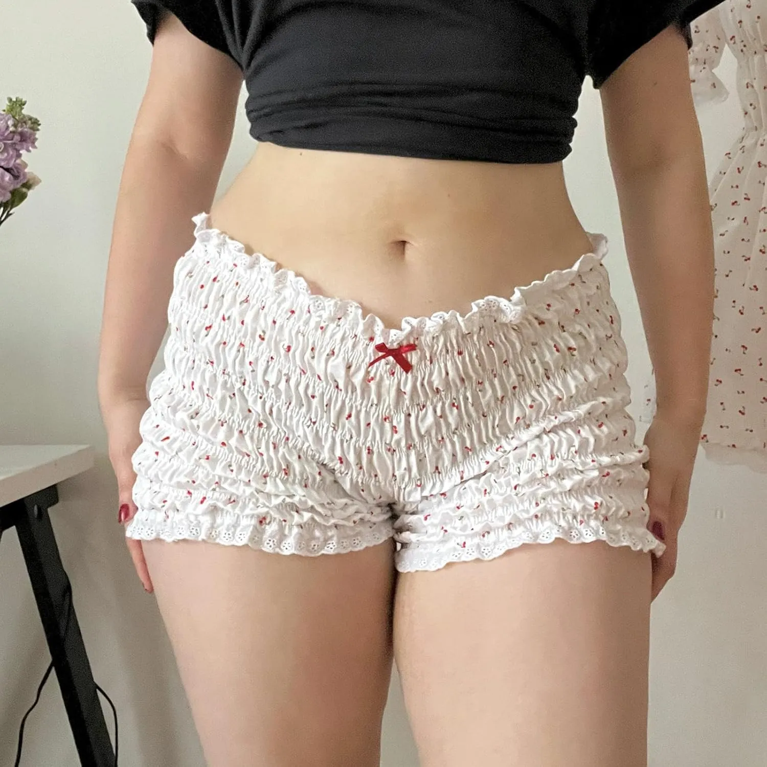 Smocked Boy Shorts for Women Y2K Low Rise Ruffle Frill Micro Bottoms Ruched Lace Bloomers Mini Shorts Pajama Boxers