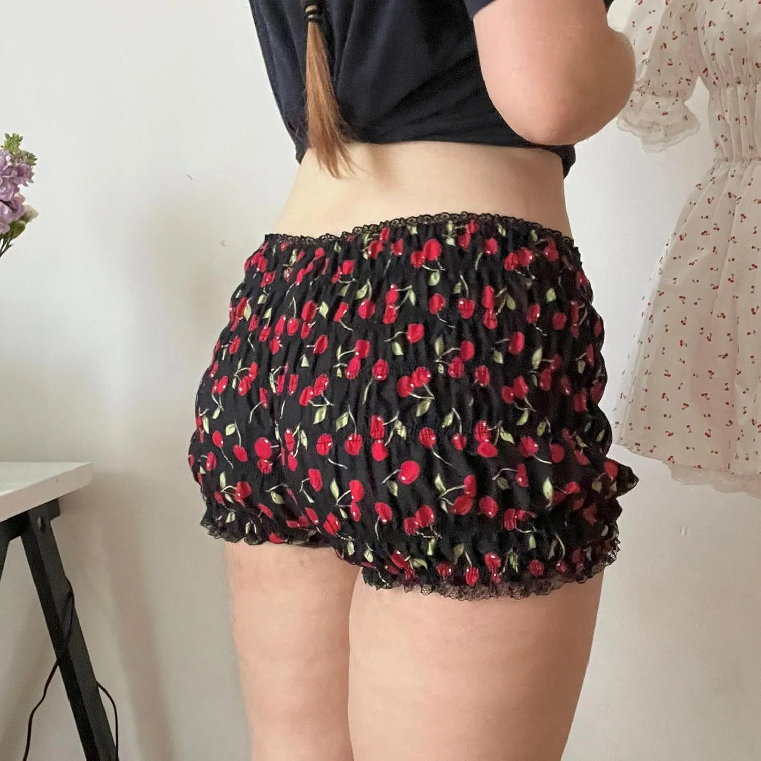 Smocked Boy Shorts for Women Y2K Low Rise Ruffle Frill Micro Bottoms Ruched Lace Bloomers Mini Shorts Pajama Boxers
