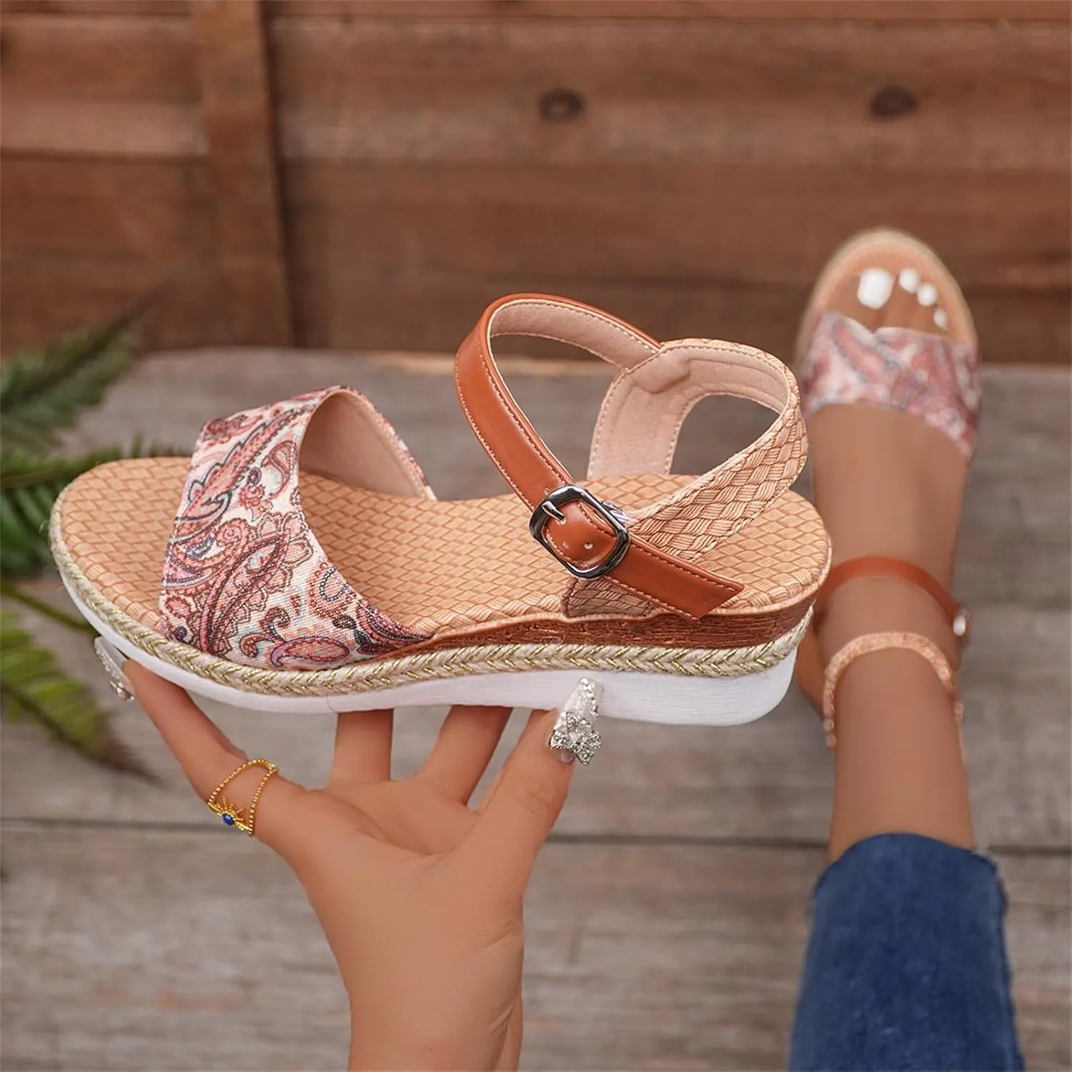 Smoneyful Women's Orthopedic Arch Support Platform Wedge Espadrilles Strappy Slip On Boho Open Toe Ankle Strap Fish Mouth Solid Color Fashion Low Cut Dressy Casual Summer Sandals