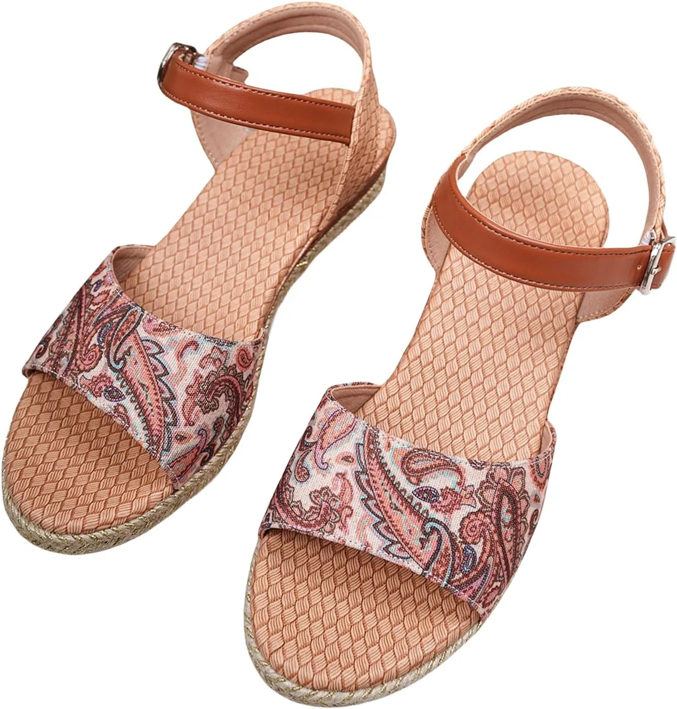 Smoneyful Women's Orthopedic Arch Support Platform Wedge Espadrilles Strappy Slip On Boho Open Toe Ankle Strap Fish Mouth Solid Color Fashion Low Cut Dressy Casual Summer Sandals