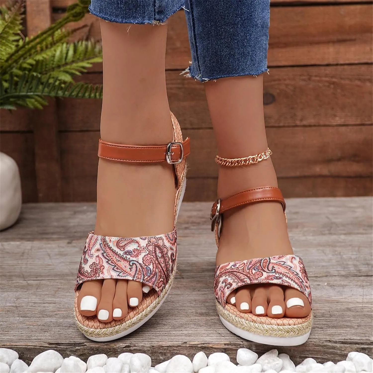 Smoneyful Women's Orthopedic Arch Support Platform Wedge Espadrilles Strappy Slip On Boho Open Toe Ankle Strap Fish Mouth Solid Color Fashion Low Cut Dressy Casual Summer Sandals