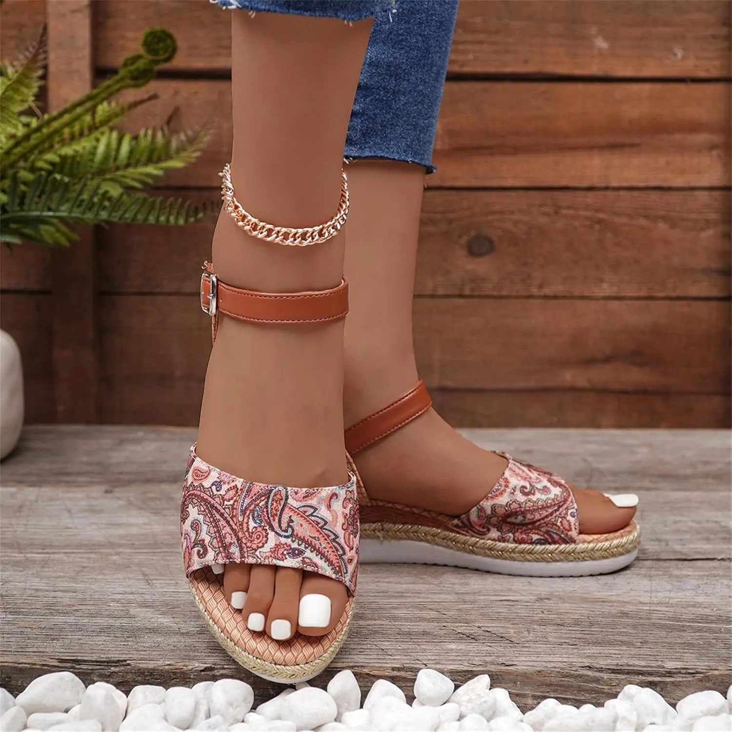 Smoneyful Women's Orthopedic Arch Support Platform Wedge Espadrilles Strappy Slip On Boho Open Toe Ankle Strap Fish Mouth Solid Color Fashion Low Cut Dressy Casual Summer Sandals