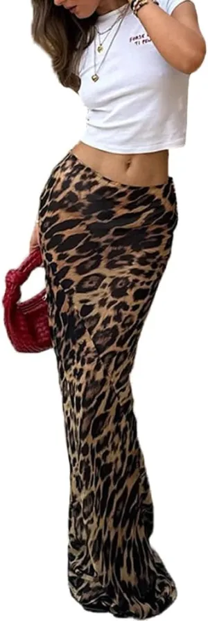 Spevert Leopard Skirt for Women Maxi Length Summer Skirts High Waist Silk Satin Maxi Summer Beach Midi Wrap Skirts