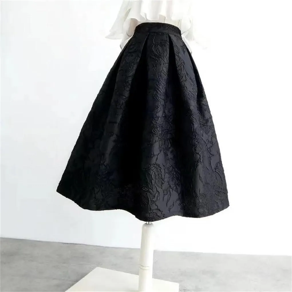 Spring Autumn Black Flower Skirts Womens Jacquard High-Waisted Midi Pleated Skirt