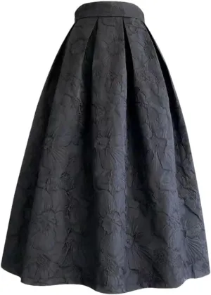 Spring Autumn Black Flower Skirts Womens Jacquard High-Waisted Midi Pleated Skirt