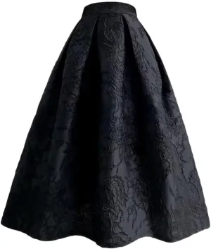 Spring Autumn Black Flower Skirts Womens Jacquard High-Waisted Midi Pleated Skirt
