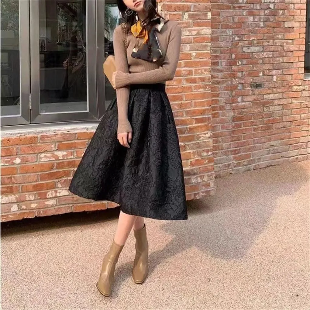 Spring Autumn Black Flower Skirts Womens Jacquard High-Waisted Midi Pleated Skirt