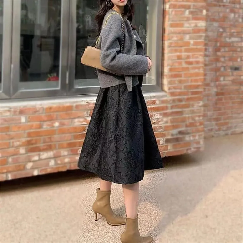 Spring Autumn Black Flower Skirts Womens Jacquard High-Waisted Midi Pleated Skirt
