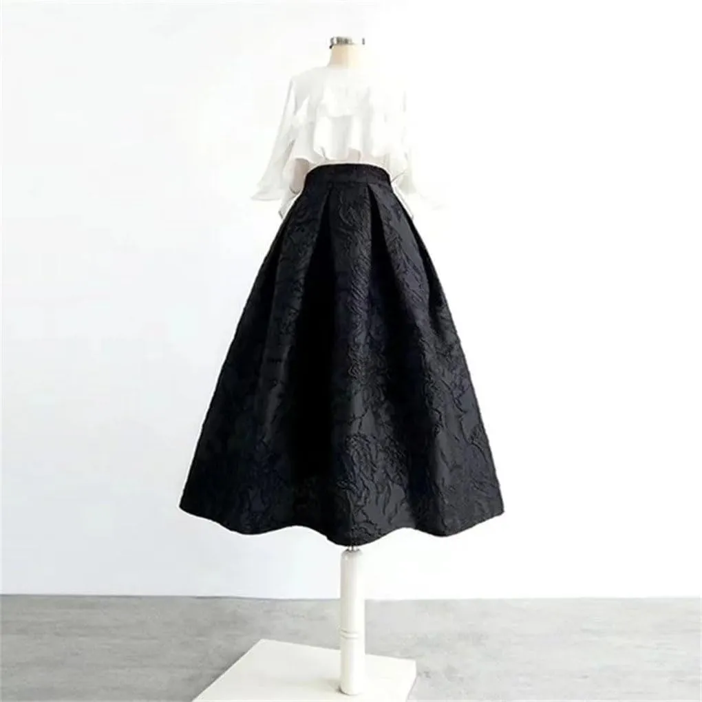 Spring Autumn Black Flower Skirts Womens Jacquard High-Waisted Midi Pleated Skirt