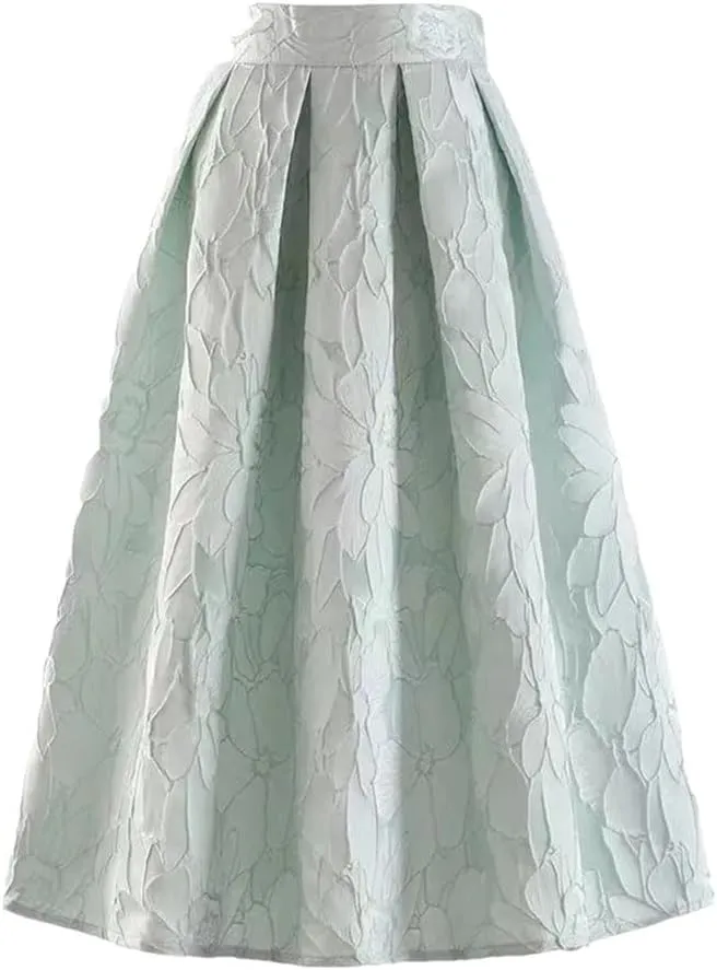 Spring Autumn Women Floral Print Skirts Red High-Waisted Pleated Midi Skirt Elegant Tutu Skirt