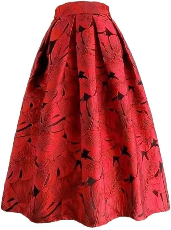 Spring Autumn Women Floral Print Skirts Red High-Waisted Pleated Midi Skirt Elegant Tutu Skirt
