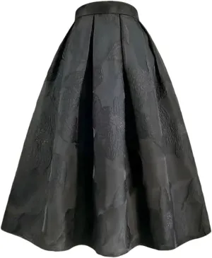 Spring Autumn Women Floral Print Skirts Red High-Waisted Pleated Midi Skirt Elegant Tutu Skirt