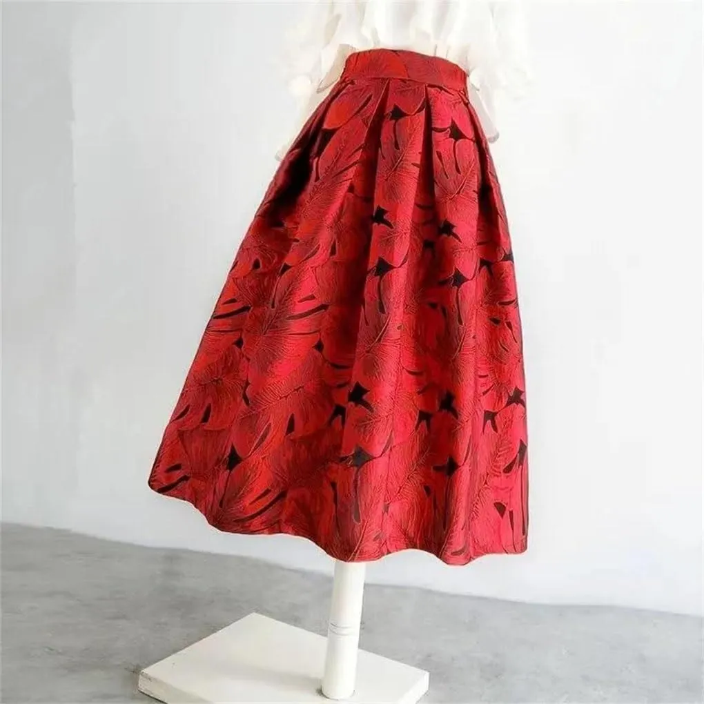 Spring Autumn Women Floral Print Skirts Red High-Waisted Pleated Midi Skirt Elegant Tutu Skirt