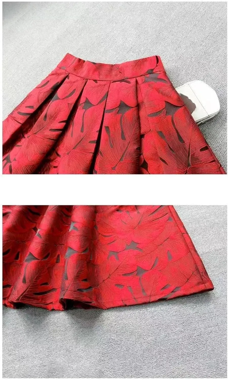 Spring Autumn Women Floral Print Skirts Red High-Waisted Pleated Midi Skirt Elegant Tutu Skirt