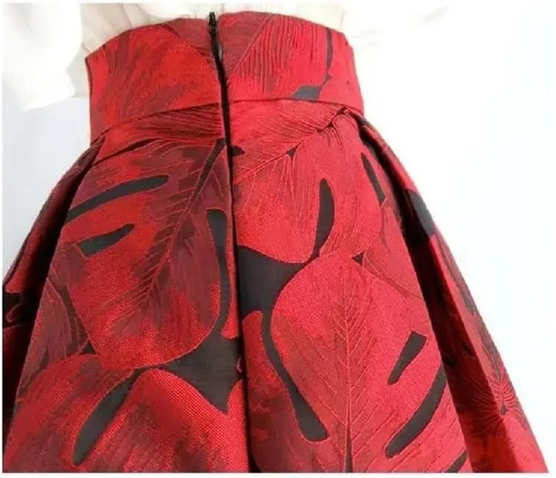 Spring Autumn Women Floral Print Skirts Red High-Waisted Pleated Midi Skirt Elegant Tutu Skirt