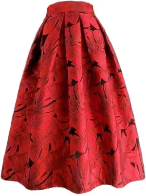 Spring Autumn Women Floral Print Skirts Red High-Waisted Pleated Midi Skirt Elegant Tutu Skirt