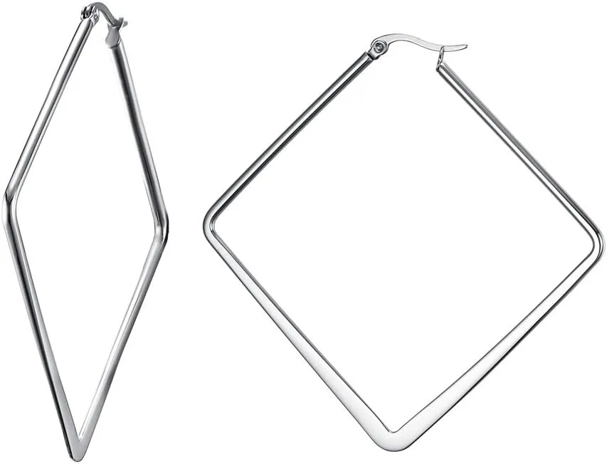 Stainless Steel Oversize Square-shaped Polished Simple Plain Geometric Hoop Earrings for Women Girl