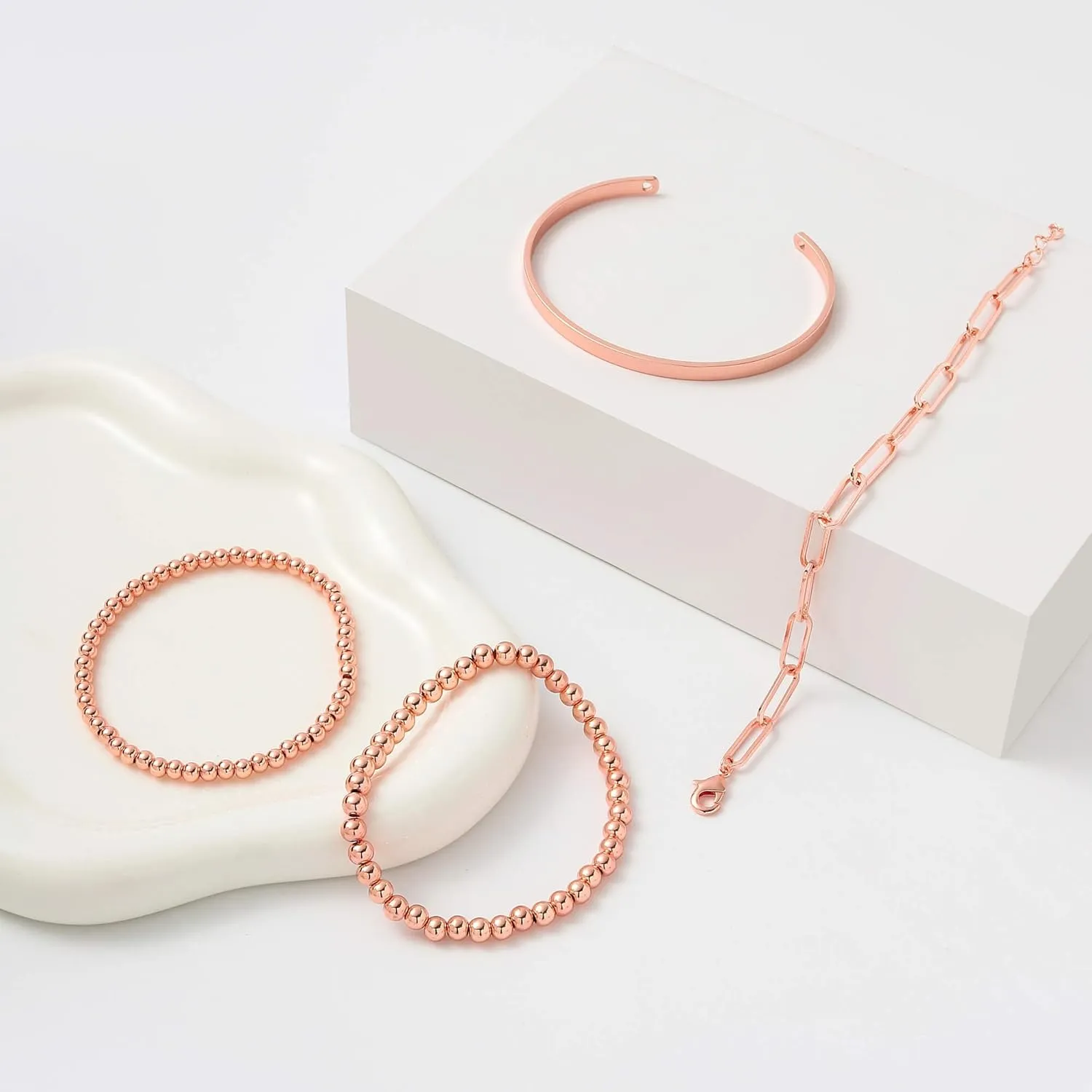 Starain Rose Gold Beaded Bracelets for Women 18K Gold Plated Beaded Ball Stackable Stretch Bracelet Gold Cuff Bangle Set