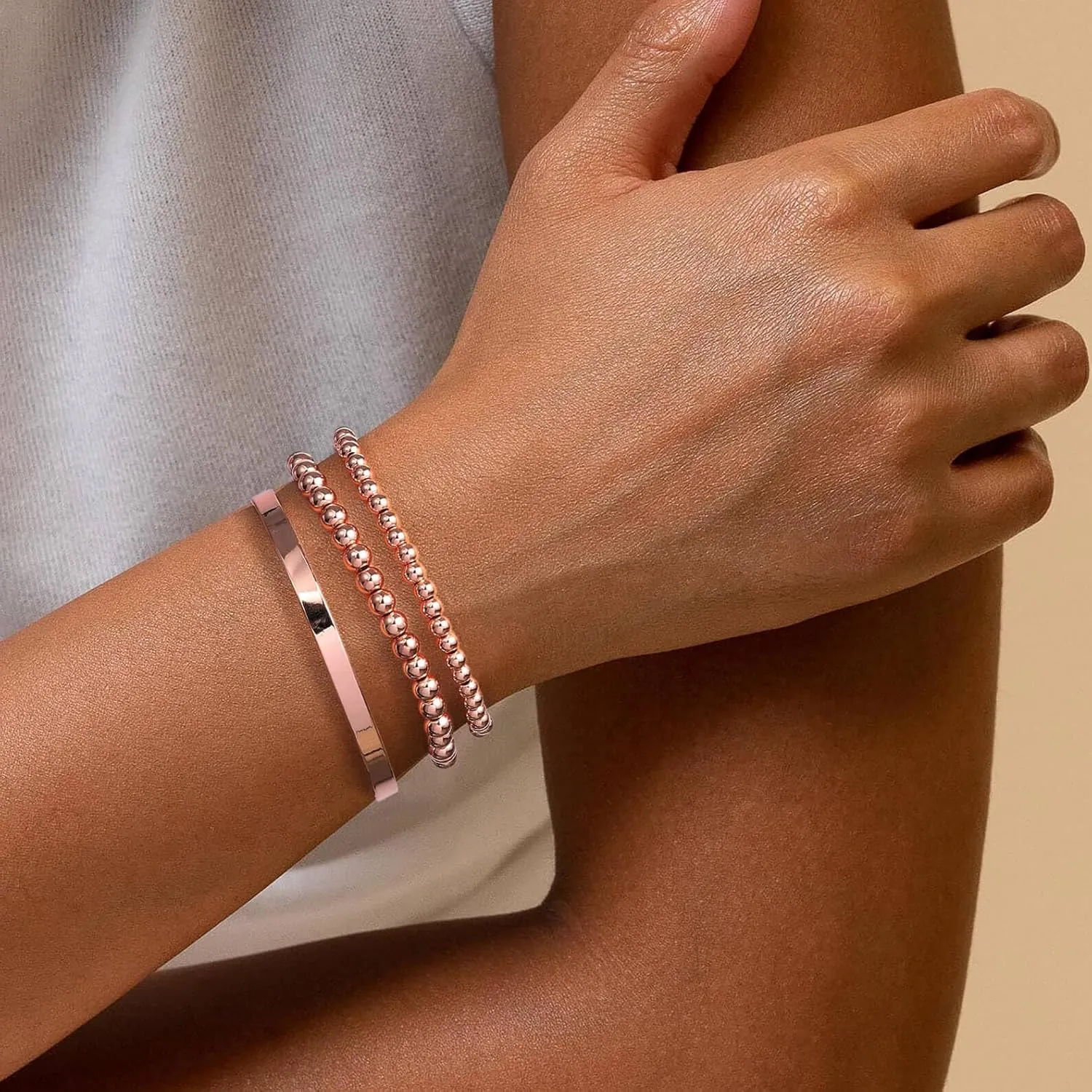 Starain Rose Gold Beaded Bracelets for Women 18K Gold Plated Beaded Ball Stackable Stretch Bracelet Gold Cuff Bangle Set