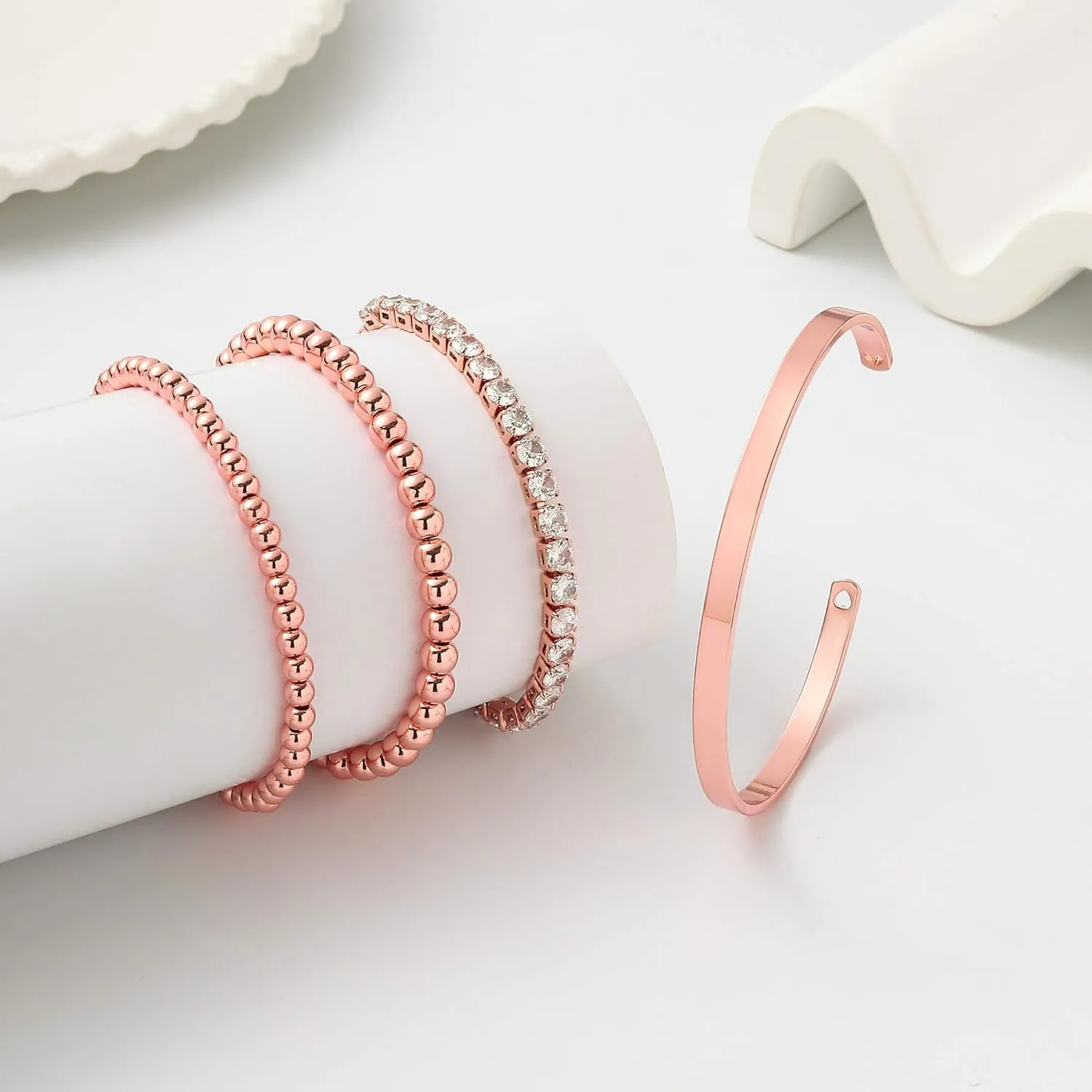 Starain Rose Gold Beaded Bracelets for Women 18K Gold Plated Beaded Ball Stackable Stretch Bracelet Gold Cuff Bangle Set